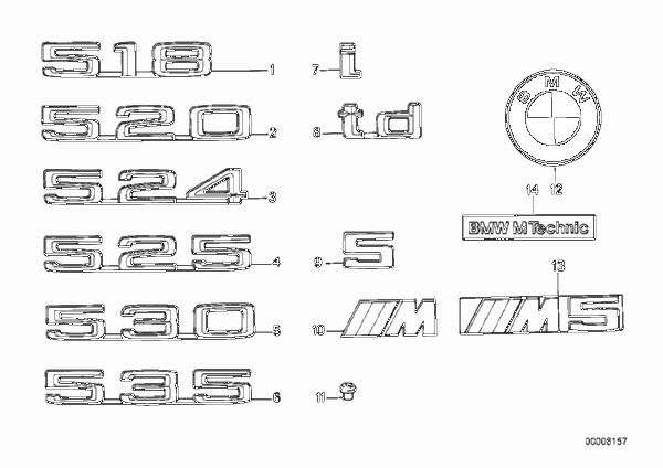 Эмблемы / надписи для BMW E34 535i M30 (схема запчастей)