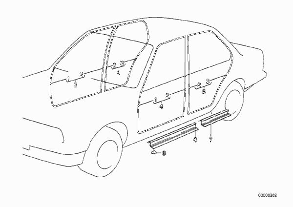 Защитная окантовка/накладки порогов для BMW E23 728 M30 (схема запчастей)