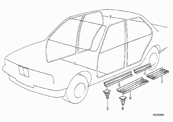 Защитная окантовка/накладки порогов для BMW E34 M5 3.6 S38 (схема запчастей)