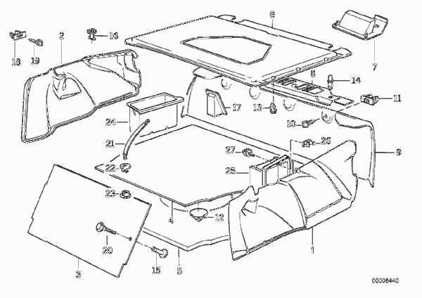 Обшивка багажного отделения для BMW E32 740i M60 (схема запчастей)