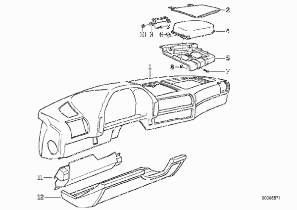 Облицовка панели приборов/НПБ пер.пасс. для BMW E32 730iL M30 (схема запчастей)