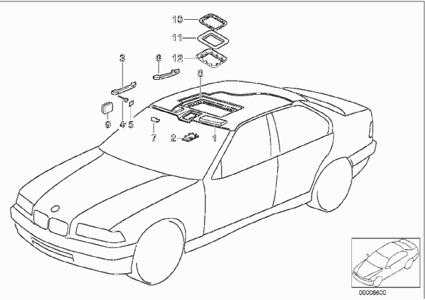 Потолок / поручень для BMW E36 M3 3.2 S50 (схема запчастей)