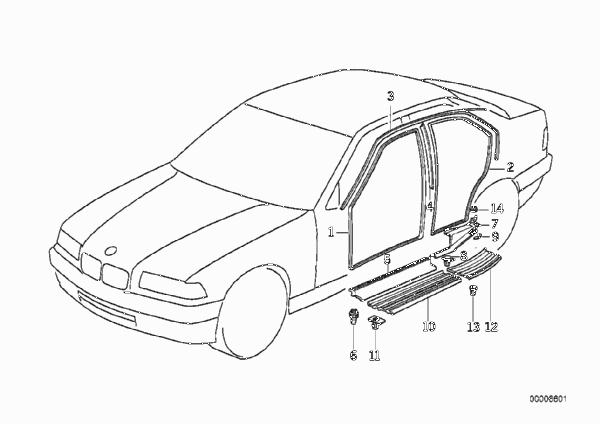 Защитная окантовка/накладка порога для BMW E36 320i M52 (схема запчастей)