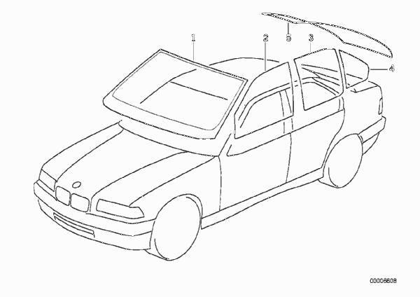 Остекление для BMW E36 323i M52 (схема запчастей)