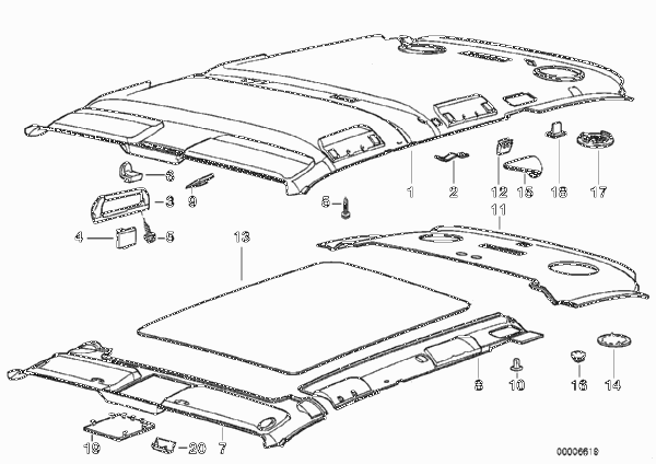 Облиц.крыши-фас.панель потолка/поручень для BMW E34 525ix M50 (схема запчастей)