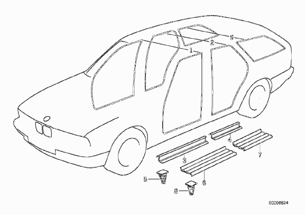 Защитная окантовка/накладки порогов для BMW E34 530i M60 (схема запчастей)