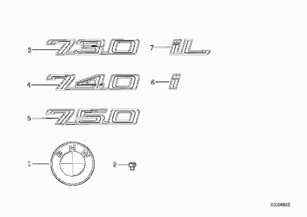 Эмблемы / надписи для BMW E32 740i M60 (схема запчастей)