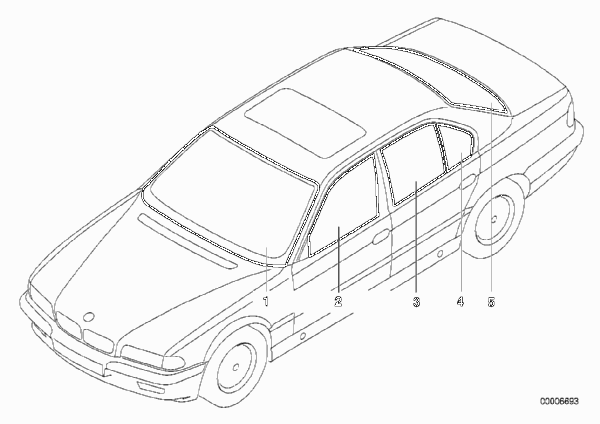 Остекление для BMW E38 750iLS M73N (схема запчастей)