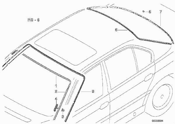 Остекление, дополнительные элементы для BMW E38 750iLS M73N (схема запчастей)