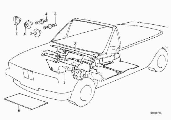 звукоизоляция для BMW E30 318i M40 (схема запчастей)