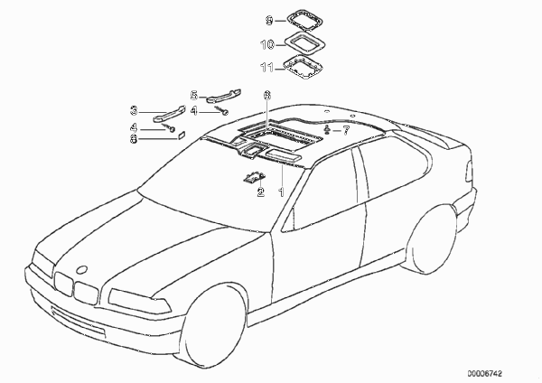 Потолок / поручень для BMW E36 318ti M44 (схема запчастей)