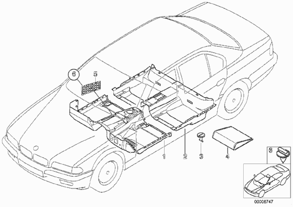 облицовка днища для BMW E38 L7 M73 (схема запчастей)