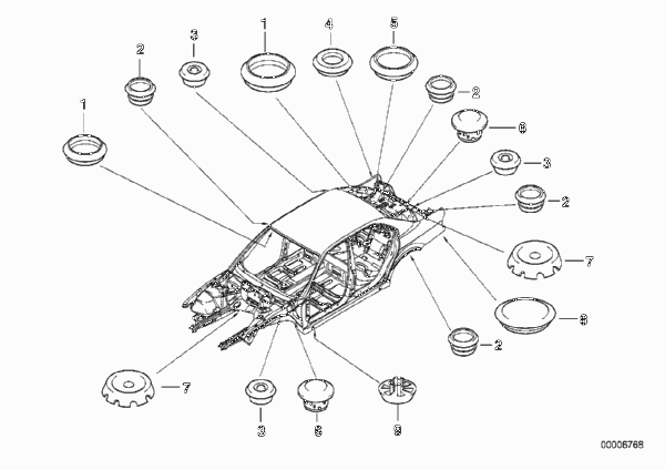 Пробки/заглушки для BMW E38 730i M60 (схема запчастей)