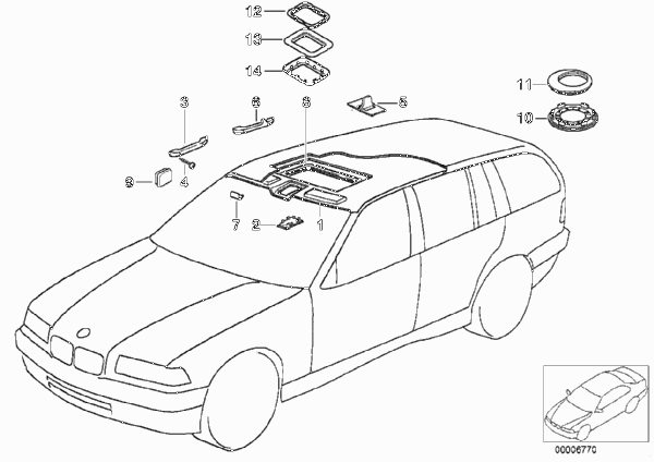 Потолок / поручень для BMW E36 320i M52 (схема запчастей)