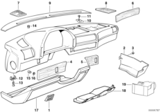 облицовка панели приборов для BMW E32 750i M70 (схема запасных частей)