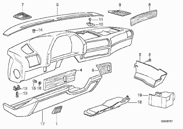 облицовка панели приборов для BMW E32 730i M30 (схема запчастей)