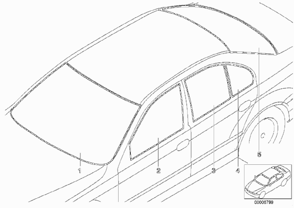 Остекление для BMW E39 520i M52 (схема запчастей)