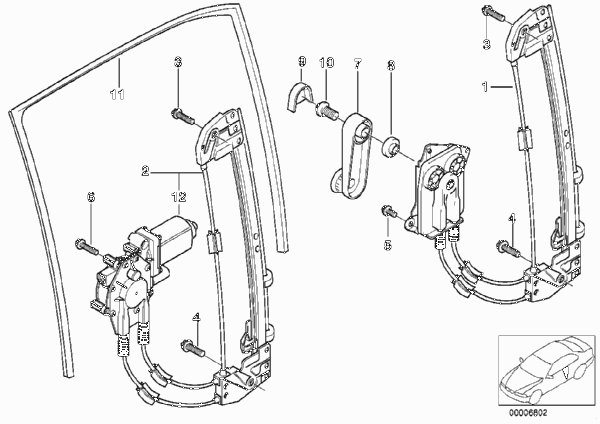 Механизм перемещения стекла двери Зд для BMW E39 M5 S62 (схема запчастей)