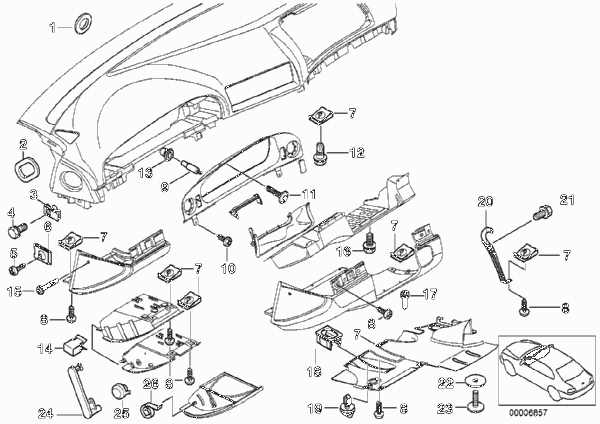 Доп.элементы панели приборов для BMW E39 525tds M51 (схема запчастей)