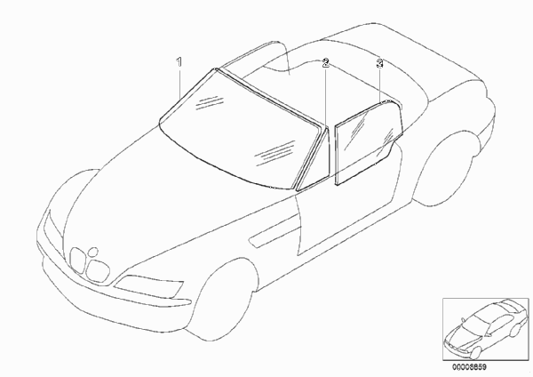 Остекление для BMW Z3 Z3 2.2i M54 (схема запчастей)