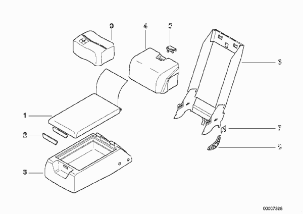 Средний подлокотник сиденья Зд для BMW E38 740i M62 (схема запчастей)