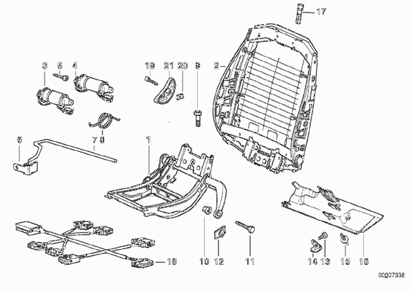 Каркас спорт.сиденья BMW с э/приводом для BMW E36 M3 3.2 S50 (схема запчастей)