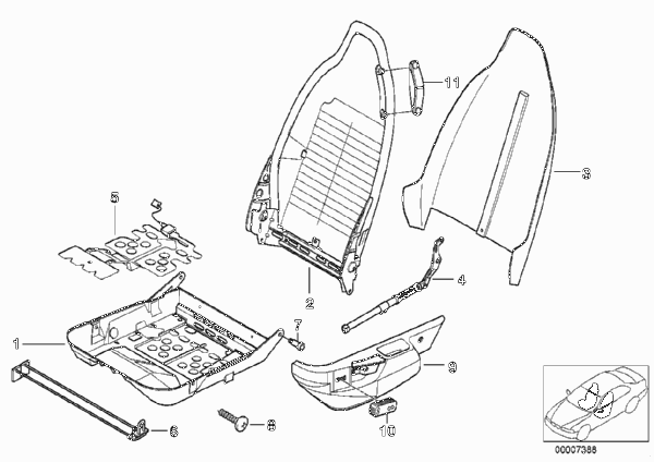 Сиденье Пд-каркас сиденья/накладки для BMW Z3 Z3 M3.2 S50 (схема запчастей)