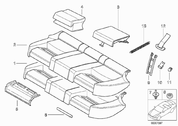 Набивка и обивка базового сиденья Зд для BMW E39 540i M62 (схема запчастей)