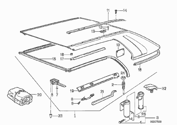 Детали жесткой цельносъемной крыши для BMW E30 320i M20 (схема запчастей)
