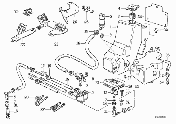система омывателей фар для BMW E32 730i M30 (схема запчастей)