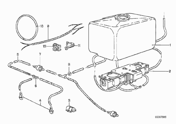 Детали системы омывателей фар для BMW E12 520i M20 (схема запчастей)