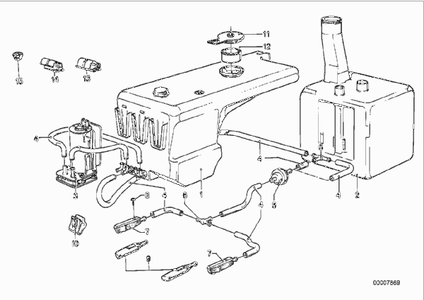 Детали системы омывателей фар для BMW E23 745i M30 (схема запчастей)