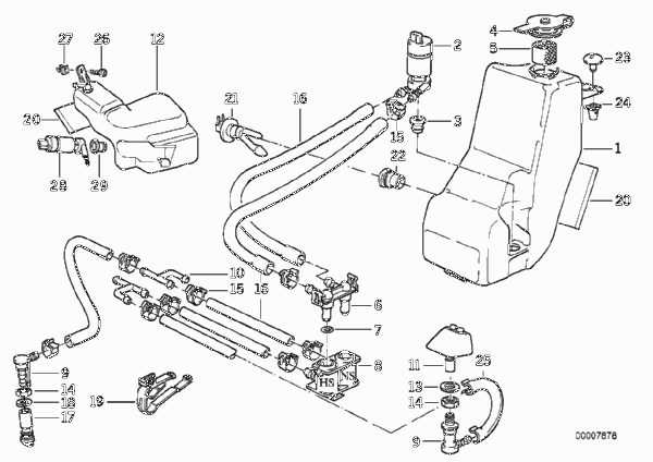 Детали системы омывателей фар для BMW E34 520i M20 (схема запчастей)
