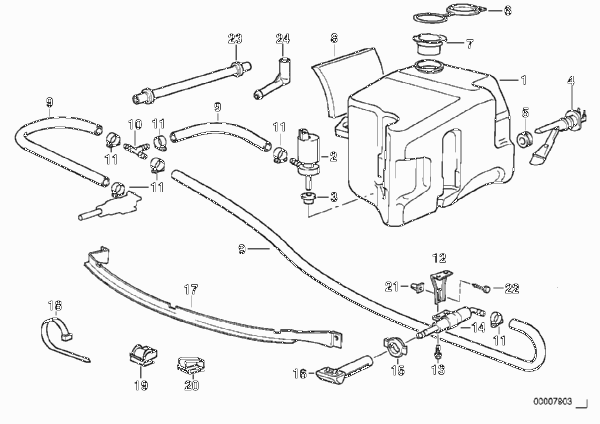 Детали системы омывателей фар для BMW E36 328i M52 (схема запчастей)