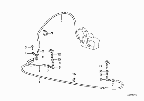 Детали системы омывателей фар для BMW E38 750i M73N (схема запчастей)
