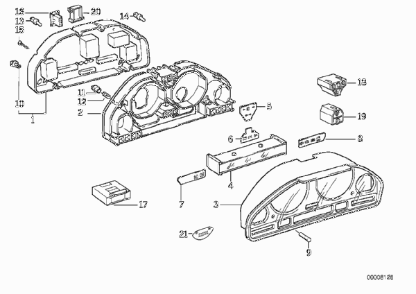 Детали комбинации приборов для BMW E34 525i M50 (схема запчастей)
