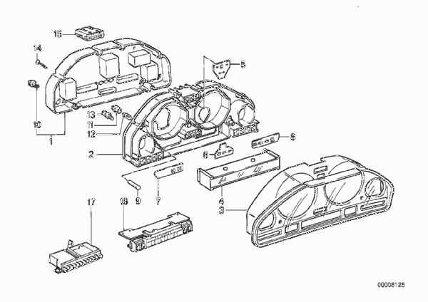 Детали комбинации приборов для BMW E34 520i M20 (схема запчастей)