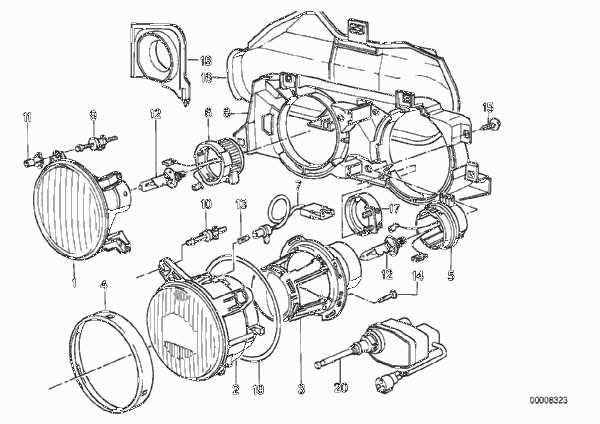 Детали фары для BMW E32 740i M60 (схема запчастей)