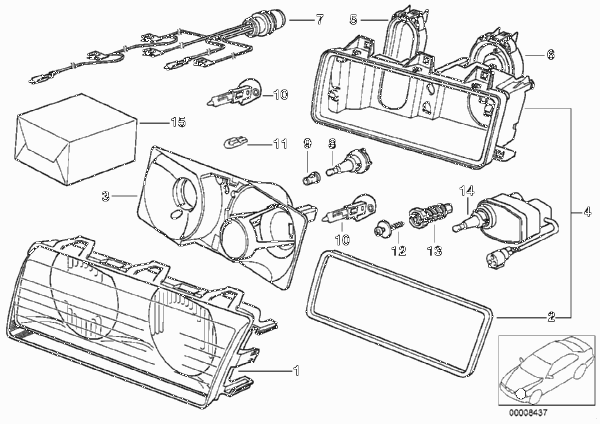 Детали фары Bosch для BMW E36 320i M52 (схема запчастей)