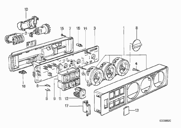 Панель управления отопителя Behr для BMW E32 740i M60 (схема запчастей)