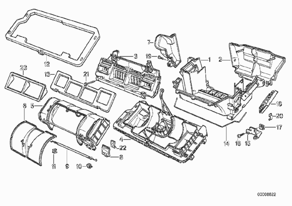 Детали корпуса отопителя Behr для BMW E32 730iL M60 (схема запчастей)