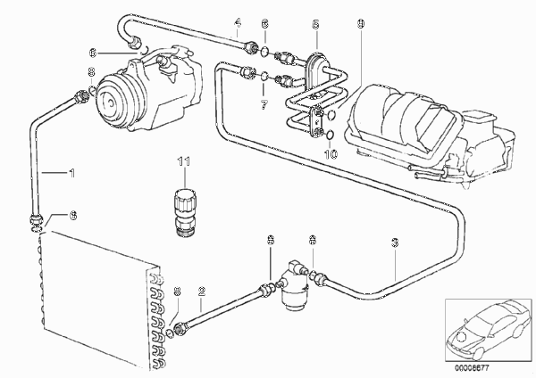 Трубопроводы хладагента для BMW E36 325i M50 (схема запчастей)