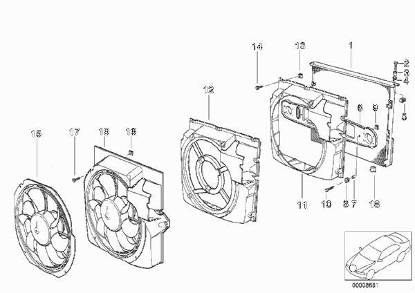 Конденсатор кондиц./дополнит.вентилятор для BMW E36 M3 3.2 S50 (схема запчастей)