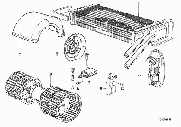 Нагревательный элемент/вентилятор для BMW E28 524td M21 (схема запчастей)