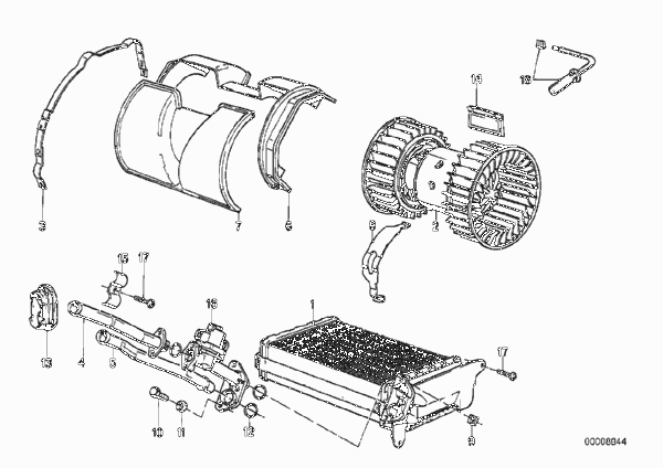 Нагревательный элемент/вентилятор для BMW E30 323i M20 (схема запчастей)