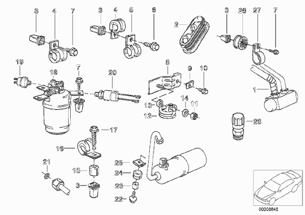 Бачок осушителя/пневмоперекл./мел.детали для BMW E30 316 M10 (схема запчастей)