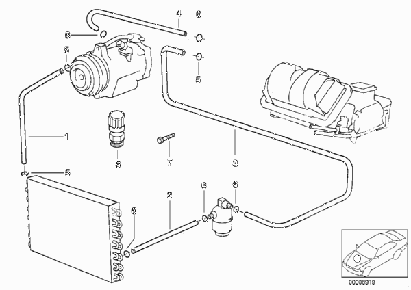 Трубопроводы хладагента для BMW E38 740i M62 (схема запчастей)