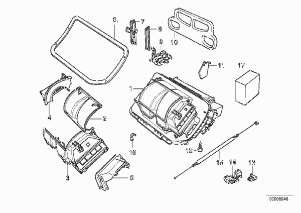 Детали корпуса кондиционера для BMW E36 316i M43 (схема запчастей)