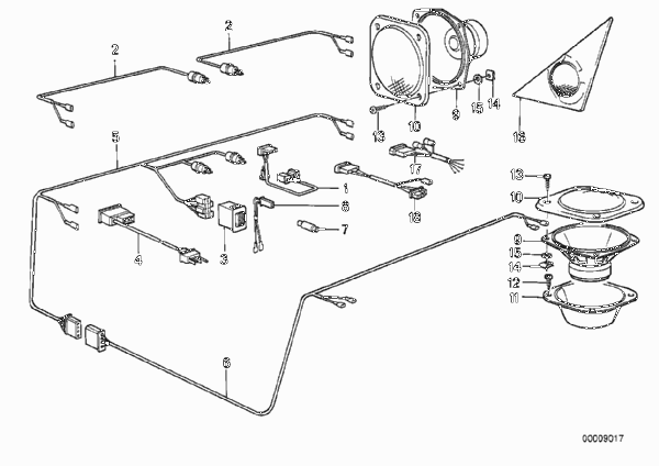 Детали стереосистемы для BMW E30 M3 S14 (схема запчастей)