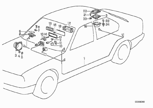Детали стереосистемы для BMW E34 525i M50 (схема запчастей)